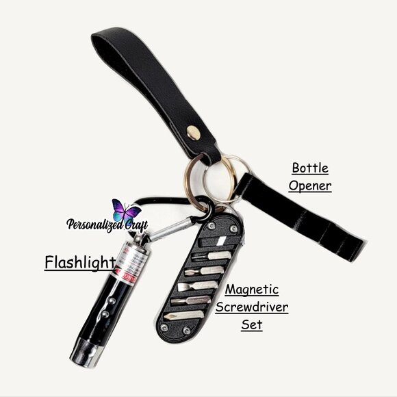 Mens Black Magnetic Utility Screwdriver Bit Set Keychain, Flashlight Can Opener - Picture 1 of 2